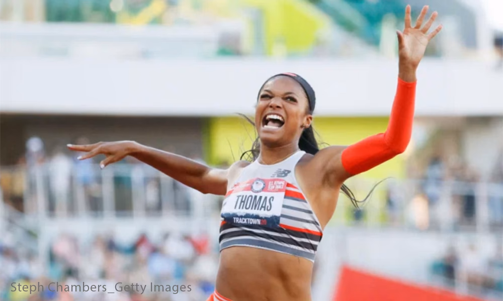 What does Gabby Thomas have a PhD in?